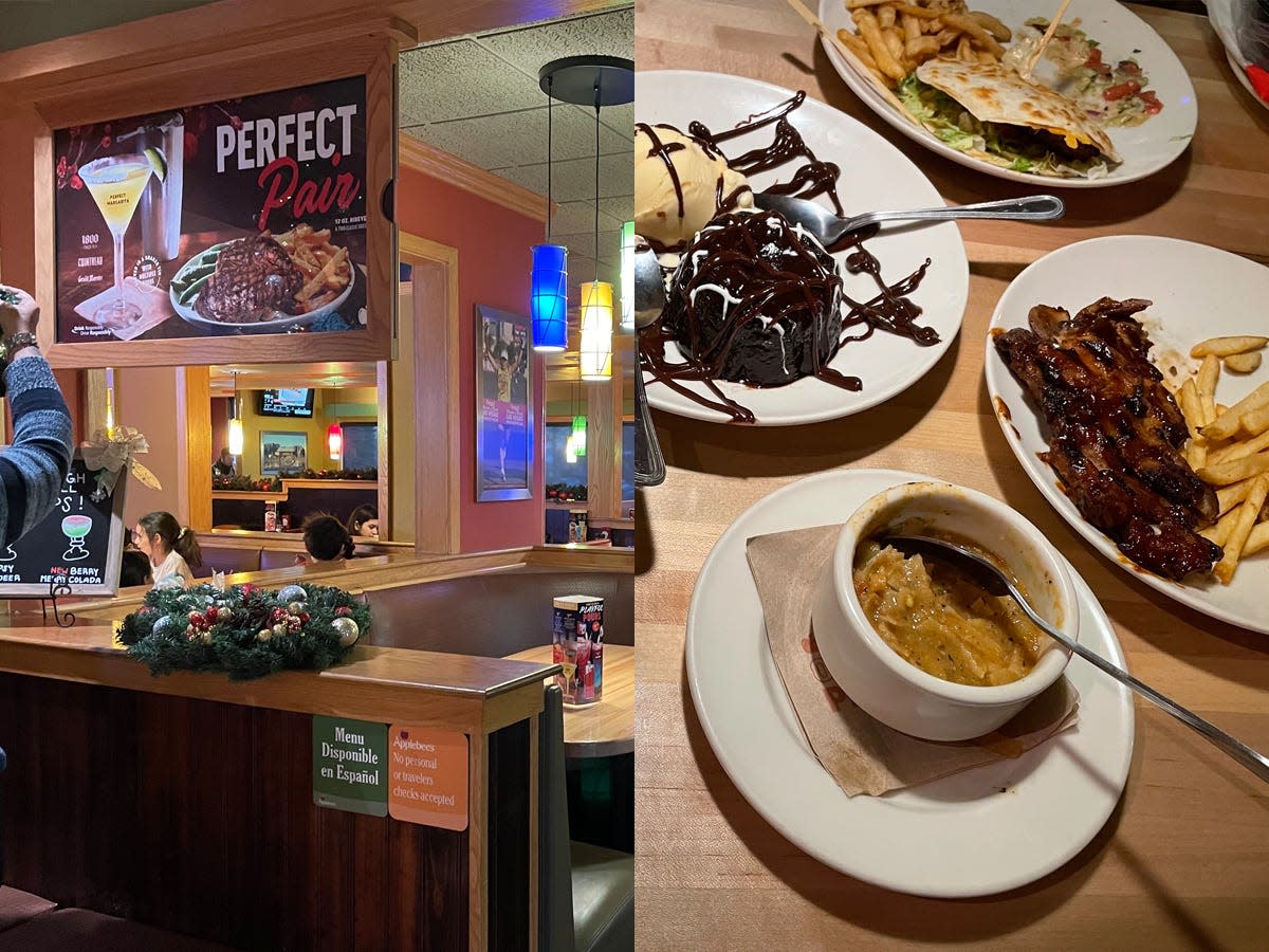 Applebee's interior with "Perfect Pair" sign; Mostly eaten chicken-tortilla soup, cake, riblets platter, and quesadilla burger at Applebee's
