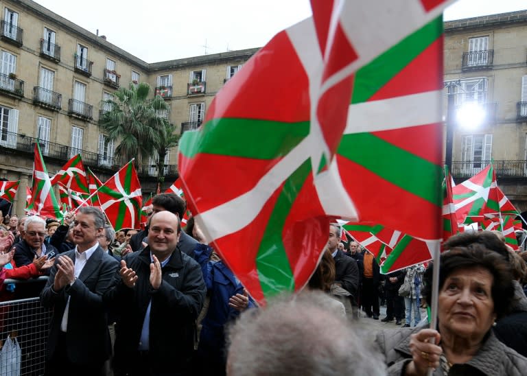 People celebrate Aberri Eguna (Day of the Basque Nation) in the northern Spanish Basque city of Bilbao in April 2014