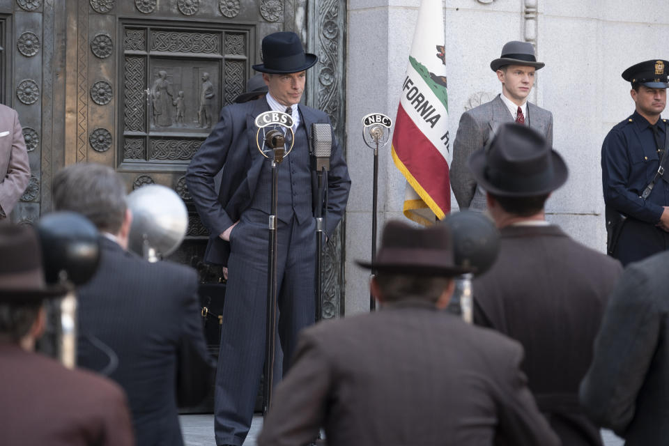 This image released by HBO Max shows Justin Kirk, center, in a scene from "Perry Mason." (HBO Max via AP)