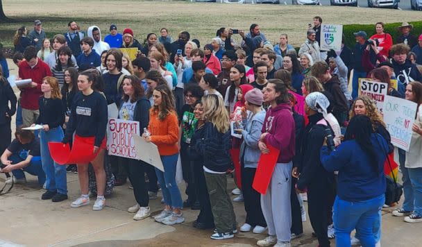 PHOTO: Students protest Gov. Sarah Huckabee Sanders signing the LEARNS Act at the Arkansas State Capitol in Little Rock on Wednesday, March 7. (Ximena Gonzalez)