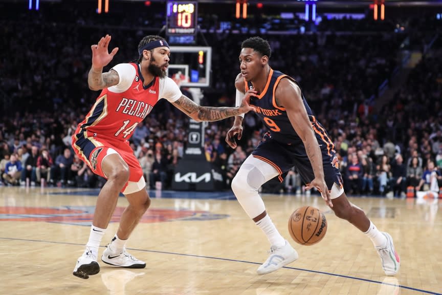 New York Knicks guard RJ Barrett (9) looks to drive past New Orleans Pelicans forward Brandon Ingram (14) in the first quarter at Madison Square Garden.