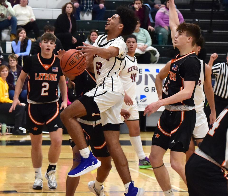 Elmira's James Harris drives to the basket during a 69-62 win over Greater Latrobe in a Boys National Division consolation game at the Josh Palmer Fund Clarion Classic on Dec. 29, 2023 at Elmira High School.