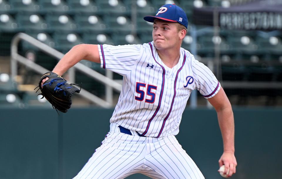 Pace High School Jackson McKenzie (55) pitching during their state 6A baseball game with Melbourne High School in Fort Myers ,Friday, May 20, 2022.(Photo/Chris Tilley)