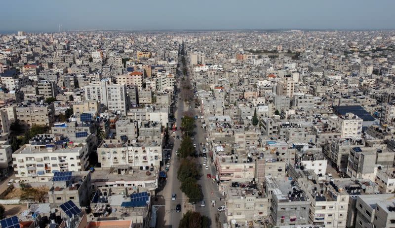 A picture taken with a drone shows Palestinian houses and buildings in Gaza City