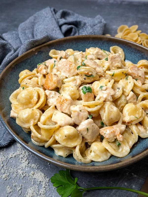 <p>Skinny Spatula</p><p>This might just be your new favorite way to use that package of Boursin in the fridge.</p><p><strong>Get the recipe: <a href="https://skinnyspatula.com/chicken-boursin-pasta" rel="nofollow noopener" target="_blank" data-ylk="slk:Creamy Chicken Boursin Pasta;elm:context_link;itc:0;sec:content-canvas" class="link ">Creamy Chicken Boursin Pasta</a></strong></p>