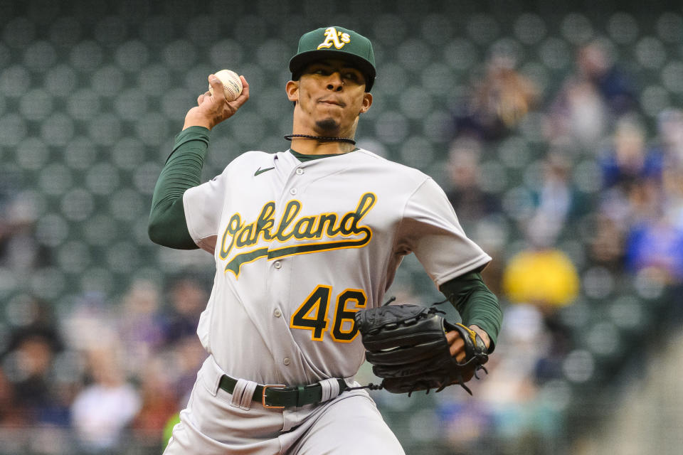 Oakland Athletics starting pitcher Luis Medina throws against the Seattle Mariners during the first inning of a baseball game, Tuesday, May 23, 2023, in Seattle. (AP Photo/Caean Couto)