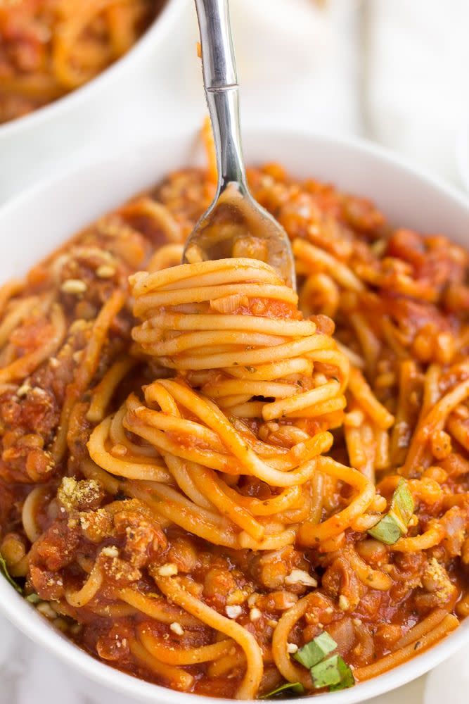 <p>Lentils make for a meaty addition to this classic spaghetti dinner. </p><p>Get the recipe from <a href="https://www.noracooks.com/instant-pot-spaghetti/" rel="nofollow noopener" target="_blank" data-ylk="slk:Nora Cooks;elm:context_link;itc:0;sec:content-canvas" class="link ">Nora Cooks</a>.</p>