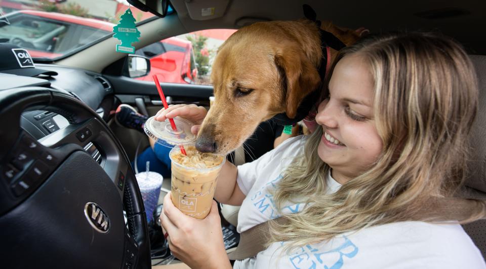 Emily Oates shares her coffee drink with her dog Macy on Friday.
