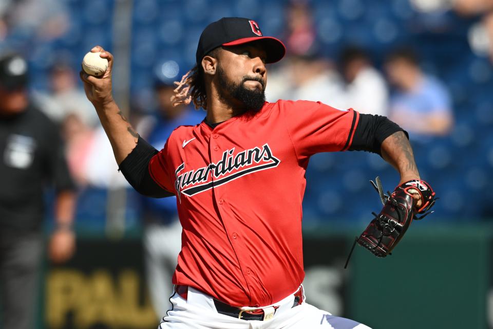 Cleveland Guardians closer Emmanuel Clase (48) throws a pitch against the Kansas City Royals on Aug. 28 in Cleveland.