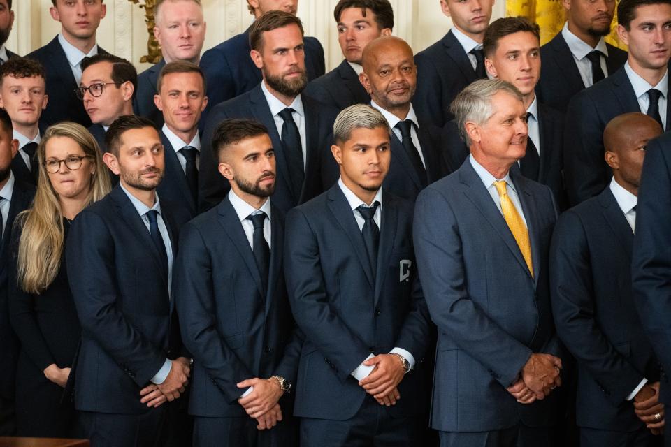 Sep 27, 2024; Washington, DC, USA; Columbus Crew players and staff visit the White House to celebrate their Major League Soccer Cup in 2023. The MLS team visited with President Joe Biden and Second Gentleman Doug Emhoff. Mandatory Credit: Josh Morgan/USA TODAY NETWORK via Imagn Images