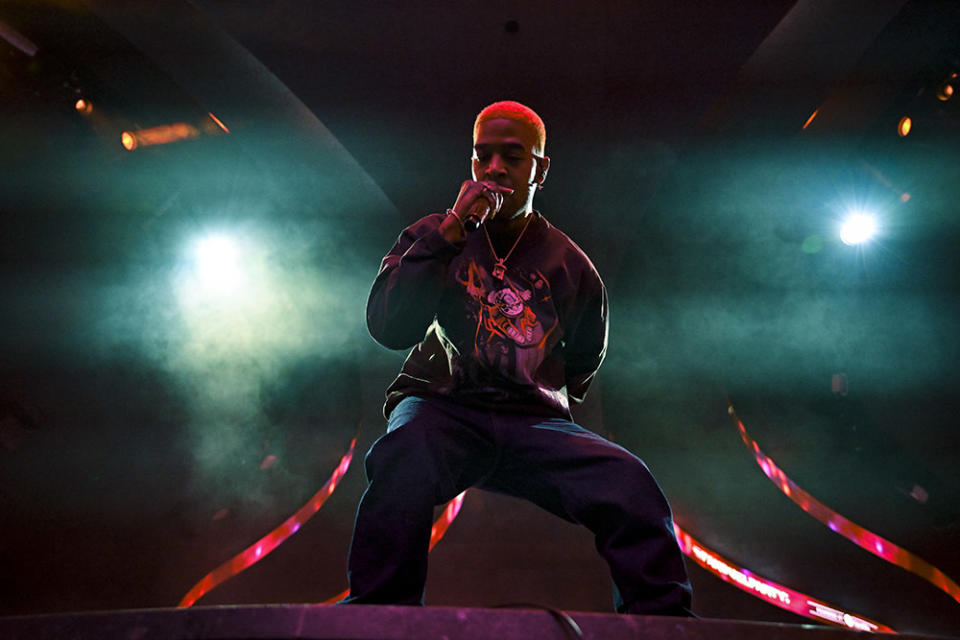 Kid Cudi performs onstage during the FanDuel Super Bowl party powered by Spotify on February 09, 2024 in Las Vegas, Nevada.