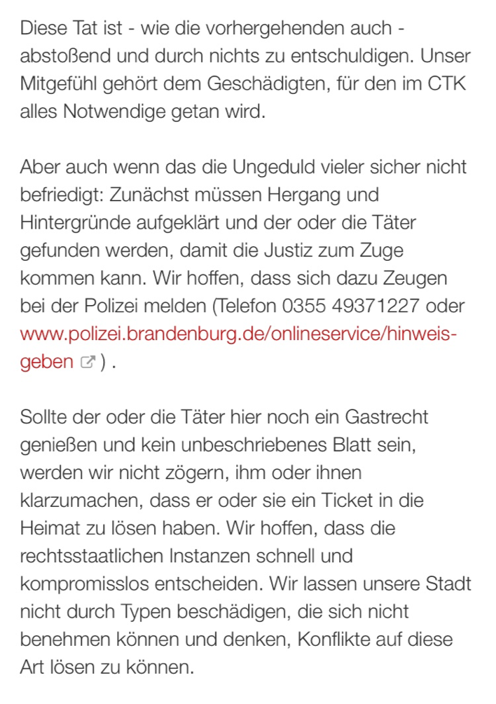 Offizielle Mitteilung der Stadt Cottbus (Screenshot: cottbus.de)