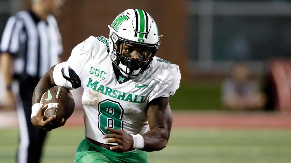 Marshall running back Khalan Laborn carries the ball against Troy on Sept. 24, 2022 in Troy, Ala. Laborn leads the Sun Belt Conference in rushing at 125.3 yards per game.
