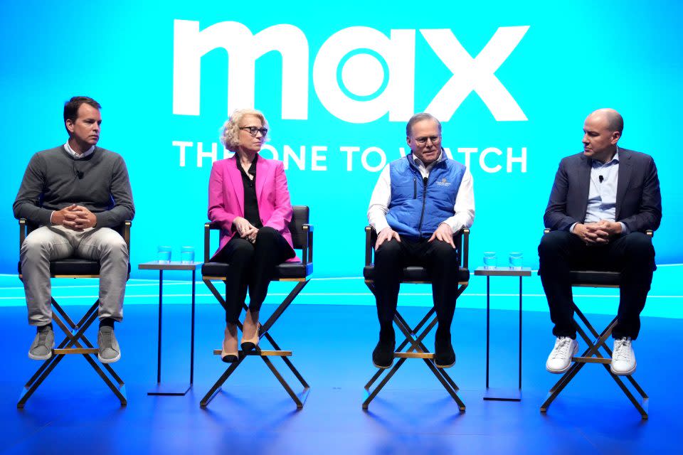 (L-R) Casey Bloys, Chairman and CEO, HBO; Max Content, Kathleen Finch, Chairman and Chief Content Officer US Networks Group, David Zaslav, President and CEO of Warner Bros. Discovery, and JB Perrette, President & CEO of Warner Bros. Discovery Global Streaming and Games, are seen onstage during a Warner Bros. Discovery Streaming Press Event at Warner Bros. Studios on April 12, 2023 in Burbank, California.