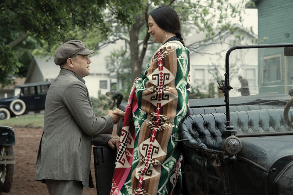 A patterned blanket wrapped around tailored suits represented the wealthy Osage nation in the 1920s.