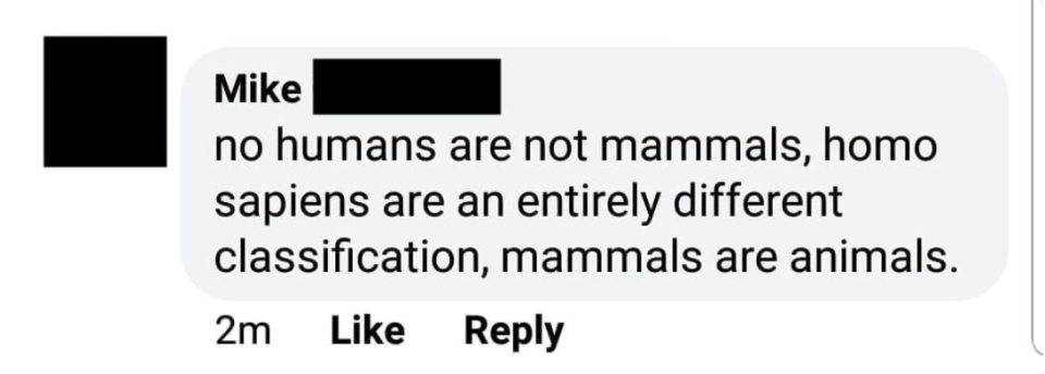facebook post about a person who says humans aren't mammals