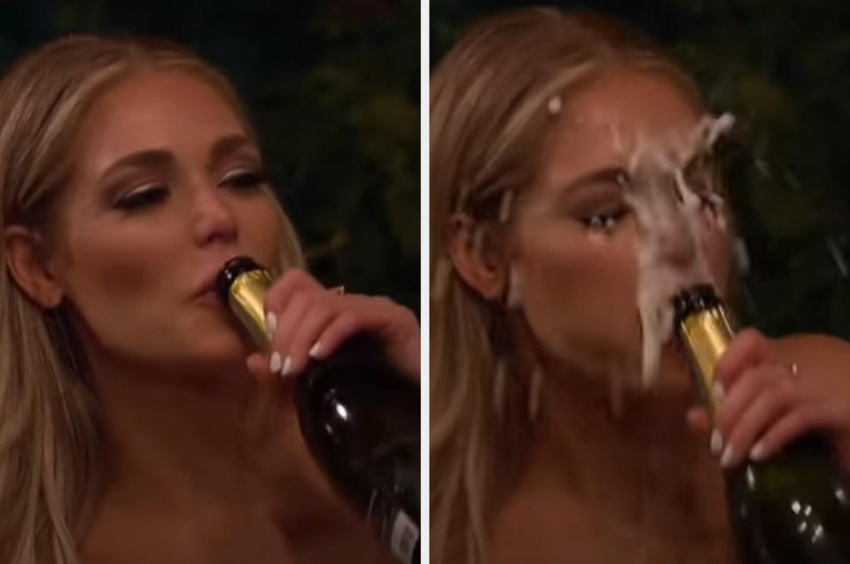 Kelsey from Peter's season of "The Bachelor" getting champagne all over her face