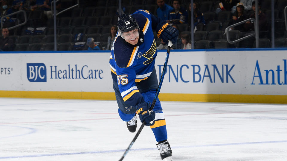 ST. LOUIS, MO - MAY 23: Colton Parayko #55 of the St. Louis Blues takes a shot against the Colorado Avalanche in Game Four of the First Round of the 2021 Stanley Cup Playoffs at the Enterprise Center on May 23, 2021 in St. Louis, Missouri. (Photo by Scott Rovak/NHLI via Getty Images)