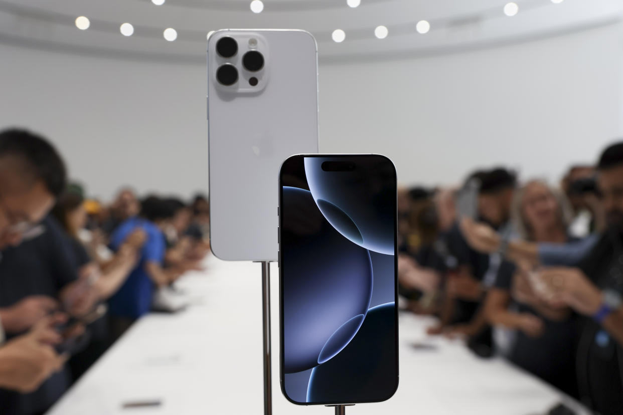 The new iPhone 16 is displayed during an announcement of new products at Apple headquarters Monday, Sept. 9, 2024, in Cupertino, Calif. (AP Photo/Juliana Yamada)