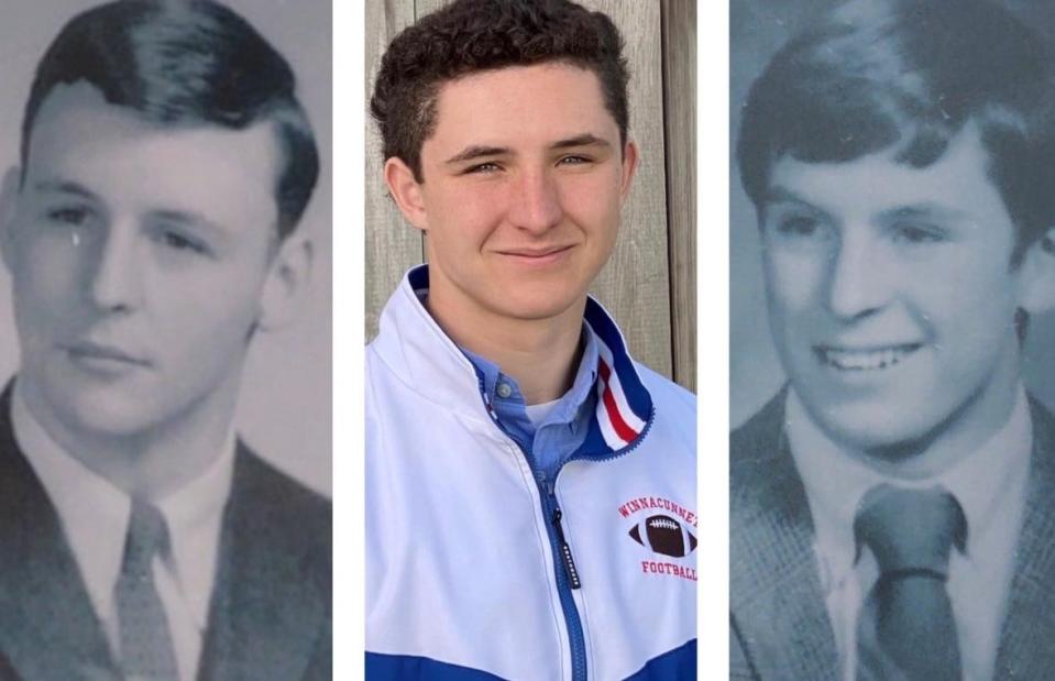 From left, high school senior photos of Stephen Begley, Jack Hogan, and Eddie Begley. Stephen graduated from Peabody (Mass.) High School in 1967, Eddie graduated from Peabody in 1970, and Jack will graduate from Winnacunnet High School next June. Both Stephen and Eddie will be at Thursday's Thanksgiving morning football game between Winnacunnet and Lowell (Mass.) High School. The game will be played at Edward D. Cawley Memorial Stadium, named after an uncle of all three pictured.