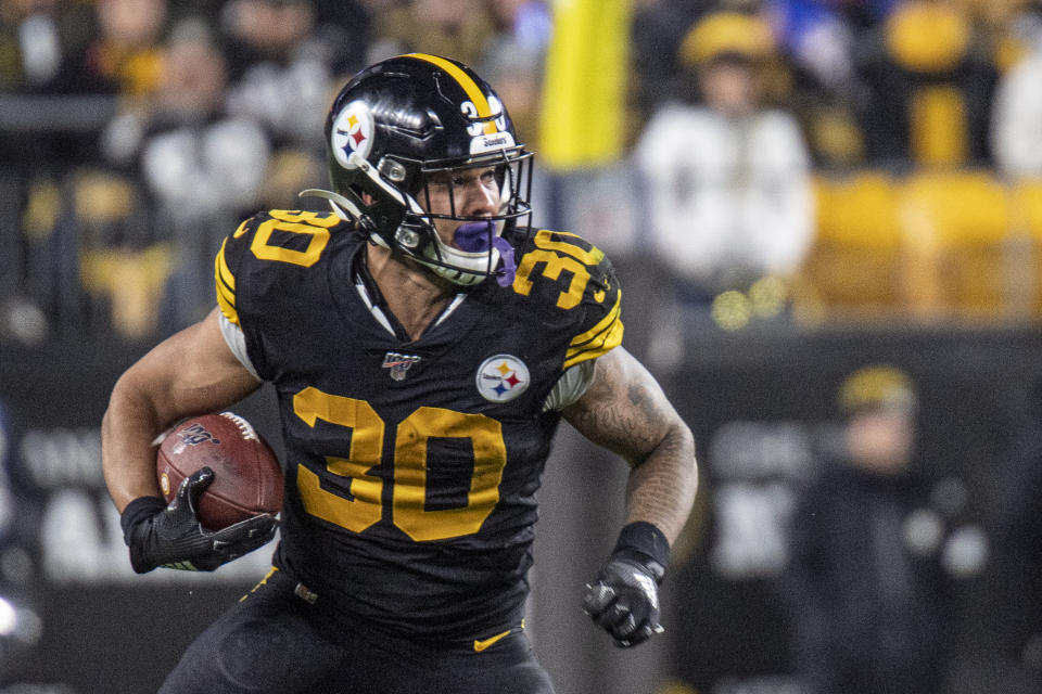 PITTSBURGH, PA - DECEMBER 15:  Pittsburgh Steelers running back James Conner (30) runs with the ball during the NFL football game between the Buffalo Bills and the Pittsburgh Steelers on December 15, 2019 at Heinz Field in Pittsburgh, PA. (Photo by Shelley Lipton/Icon Sportswire via Getty Images)