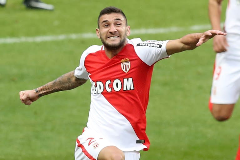 Monaco mildfielder Gabriel Boschilia celebrates after scoring a goal during the French L1 match against Lorient on January 22, 2017 at the Louis II Stadium in Monaco