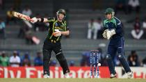 COLOMBO, SRI LANKA - SEPTEMBER 19: David Warner of Australia bats watched by Ireland wicketkeeper Gary Wilson during ICC World Twenty20 2012: Group B match between Australia and Ireland at R. Premadasa Stadium on September 19, 2012 in Colombo, Sri Lanka. (Photo by Gareth Copley/Getty Images)