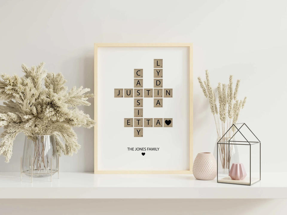 Personalized Family Name Sign, Crossword Scrabble Print. Image via Etsy.