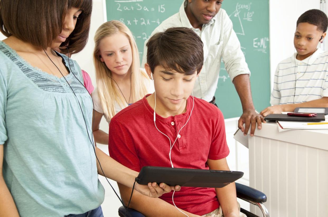 Math proficiency scores fell during the pandemic. <a href="https://www.gettyimages.com/detail/photo/students-teacher-math-classroom-technology-digital-royalty-free-image/155387240?phrase=middle%20school%20math%20students&adppopup=true" rel="nofollow noopener" target="_blank" data-ylk="slk:fstop123 via Getty Images;elm:context_link;itc:0;sec:content-canvas" class="link ">fstop123 via Getty Images</a>