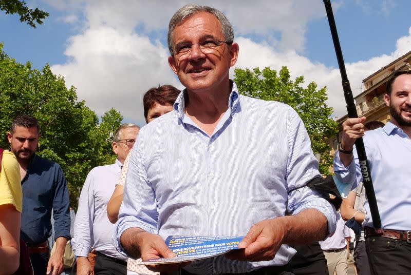 Thierry Mariani, candidate for presidency of PACA region, part of French far-right RN party ticket, campaigns in Aix-en-Provence