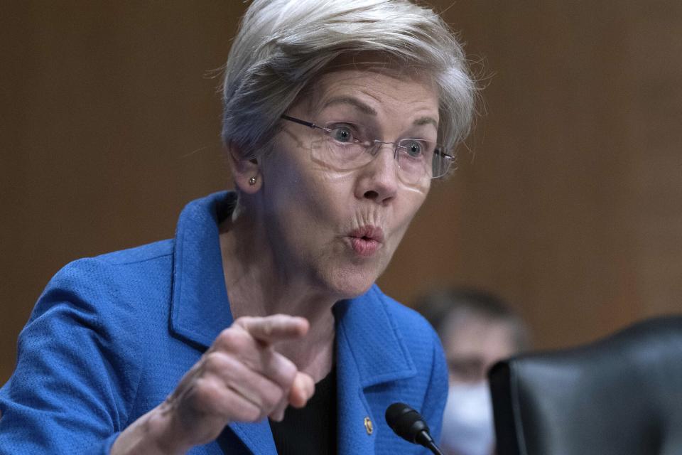 FILE - Sen. Elizabeth Warren, D-Mass., speaks during the Senate Committee on Banking, Housing and Urban Affairs hearing at Capitol Hill in Washington, April 27, 2023. The Supreme Court on Tuesday seemed likely to preserve the work of the Consumer Financial Protection Bureau against a conservative-led challenge. The CFPB case is one of several major challenges to federal regulatory agencies on the docket this term for a court that has for more than a decade been open to limits on their operations. The CFPB, the brainchild of Warren, has long been opposed by Republicans and their financial backers. (AP Photo/Jose Luis Magana, File )