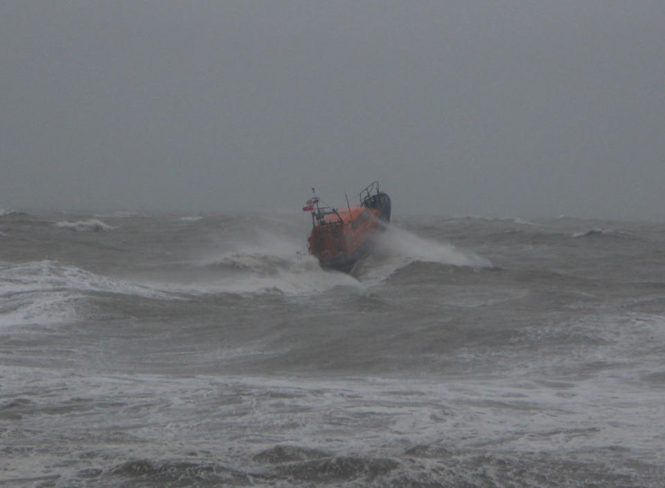 Handout photo from Hastings Council showing a RNLI boat going to sea off the coast of Hastings to search for a missing surfer, who was later found safe. PA Photo. Picture date: Sunday February 9, 2020. See PA story WEATHER Storm. Photo credit should read: Hastings Council /PA Wire  NOTE TO EDITORS: This handout photo may only be used in for editorial reporting purposes for the contemporaneous illustration of events, things or the people in the image or facts mentioned in the caption. Reuse of the picture may require further permission from the copyright holder. 