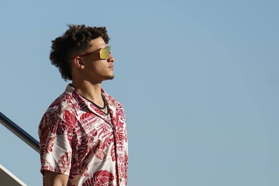 Kansas City Chiefs' Patrick Mahomes arrives for the NFL Super Bowl 54 football game Sunday, Jan. 26, 2020, at the Miami International Airport in Miami. (AP Photo/David J. Phillip)