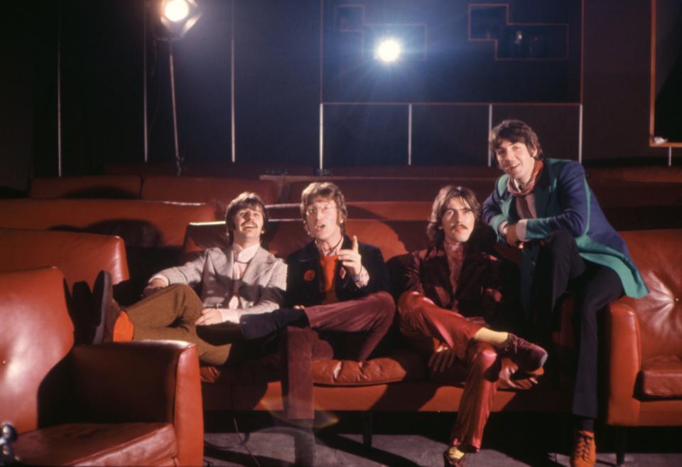 The Beatles at TVC animation Studios in London, 6th November 1967, L-R Ringo Starr, John Lennon, George Harrison, Paul McCartney. They were taking part in a short film called 'A Mod Odyssey' about the making of 'Yellow Submarine'. (Photo by Mark and Colleen Hayward/Getty Images)