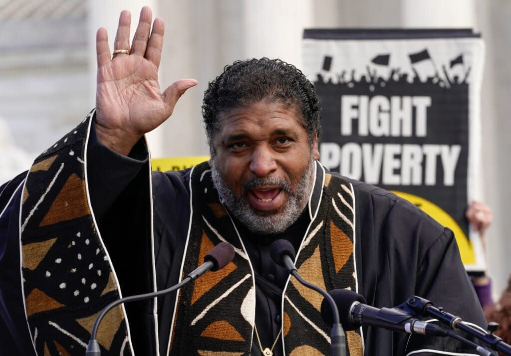 Rev. William Barber speaks during a demonstration at the U.S. Supreme Court during the MoveOn and Poor People’s Build Back Better Action on November 15, 2021 in Washington, DC. (Photo by Jemal Countess/Getty Images for MoveOn)