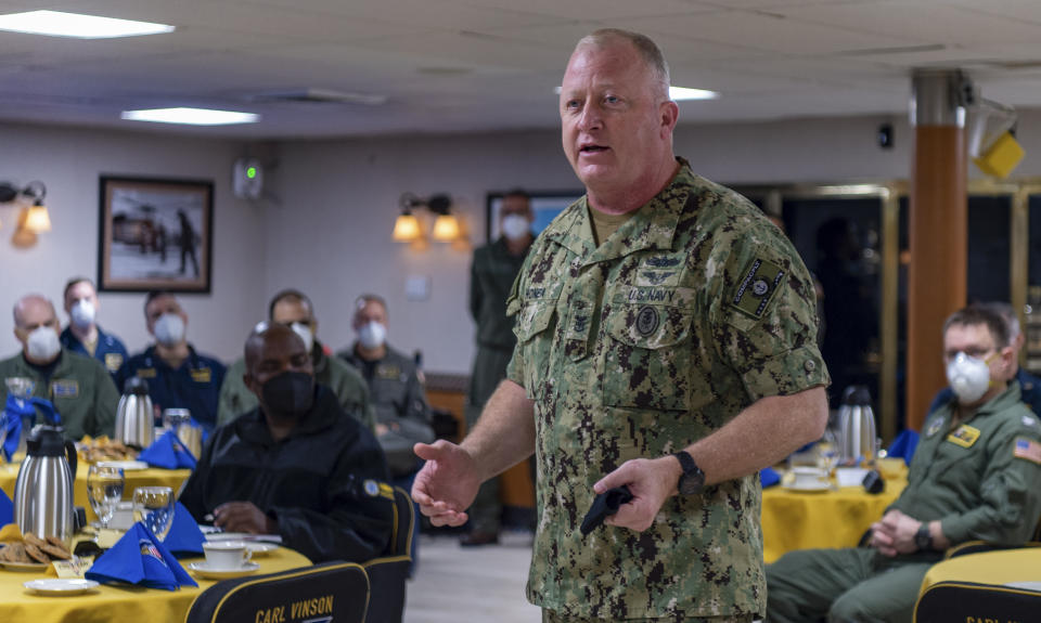 In this Feb. 8, 2021, photo, Fleet Master Chief Jim Honea, Fleet Master Chief of U.S. Pacific Fleet, addresses sailors assigned to Nimitz-class nuclear aircraft carrier USS Carl Vinson (CVN 70). Senior U.S. Navy commanders met with sailors on ships on the West Coast Monday and Tuesday, after two recent racist incidents triggered one of the first military stand-downs to address extremism in the ranks. (Mass Communication Specialist 3rd Class Erin C. Zorich/U.S. Navy via AP)