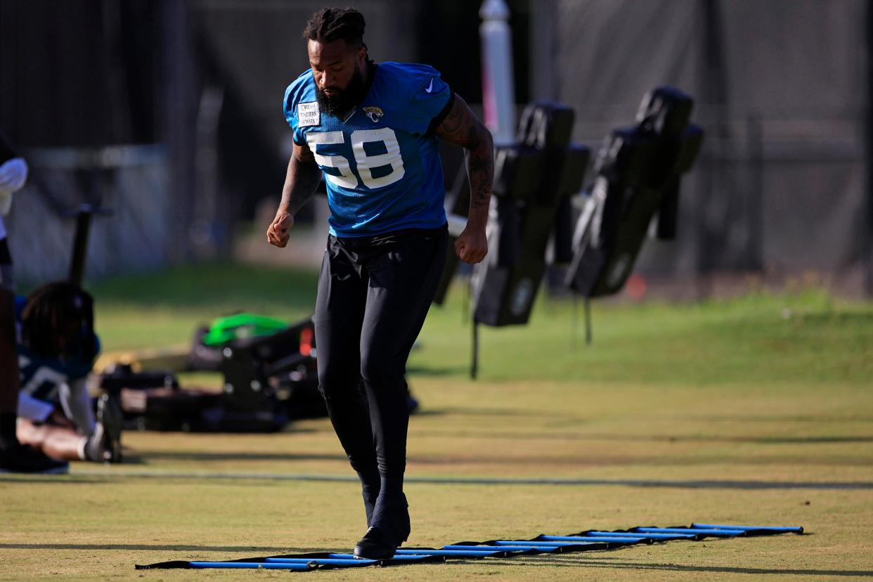 Jacksonville Jaguars outside linebacker Wyatt Ray (58) does ladder drills during day 9 of the Jaguars Training Camp Tuesday, Aug. 2, 2022 at the Knight Sports Complex at Episcopal School of Jacksonville. 