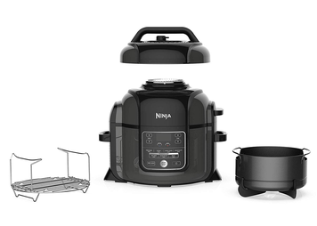 The Ninja Foodi includes pressure and crisping lids, an air frying basket, and a reversible cooking rack.