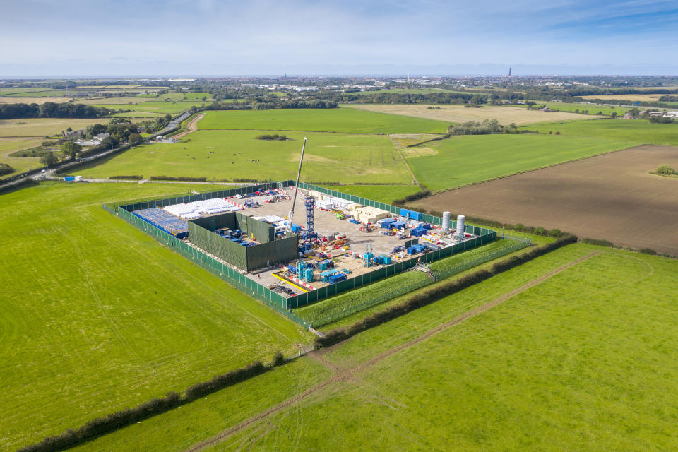 PRESTON, ENGLAND - SEPTEMBER 16: An aerial view of the Cuadrilla shale gas extraction (fracking) site at Preston New Road, near Blackpool on September 16, 2019 in Preston, England. Operations at the shale gas extraction site were recently paused by Cuadrilla as a precaution after an earth tremor was detected by sensors. (Photo by Christopher Furlong/Getty Images)