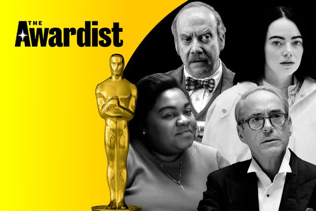 <p>Focus Features; Searchlight Pictures; Universal Pictures; AMPAS</p> EW's 2024 Oscar predictions: Paul Giamatti, Emma Stone, Da'Vine Joy Randolph, Robert Downey Jr.