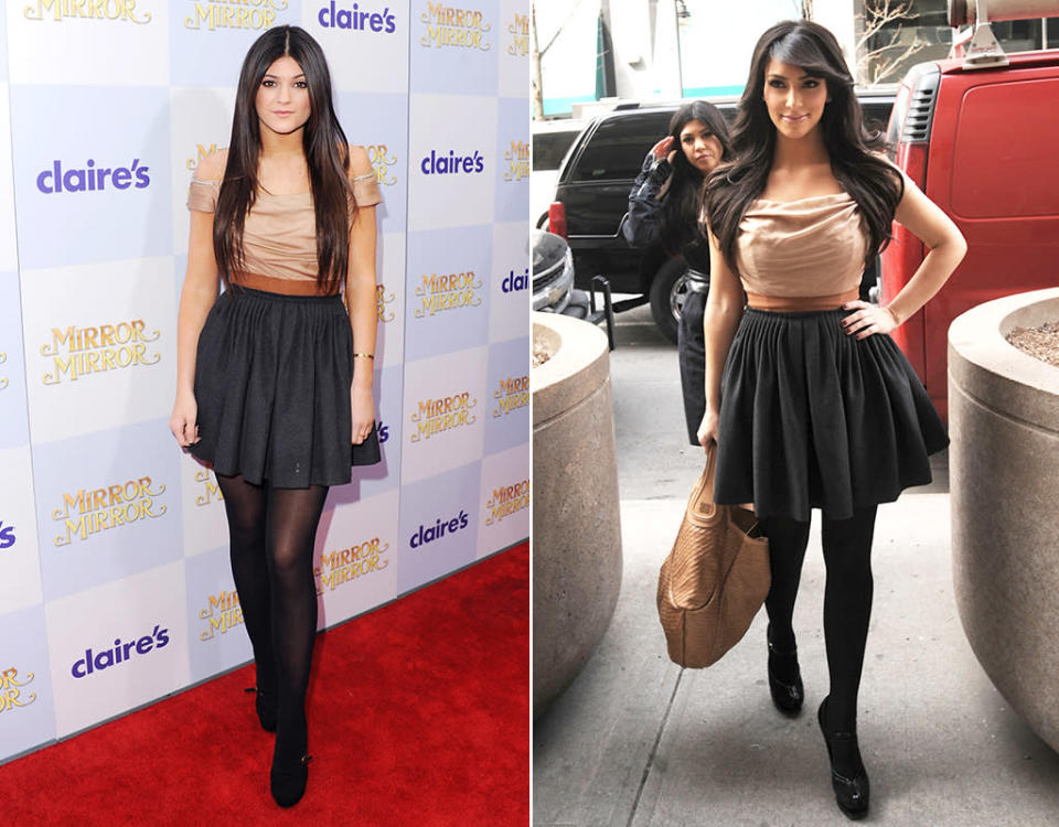 <b>Kylie Jenner vs. Kim Kardashian</b><br> <b>What they wore:</b> A nude-and-black, off-the-shoulder dress by Dolce & Gabbana.<br> <b>Judge's scorecard:</b> Kylie enjoys stealing not just her big sister's dresses, but her entire looks, right down to the tights, shoes, and hairstyle. Doesn't help her here, though, <br> (3/17/2012 and 3/16/2009)