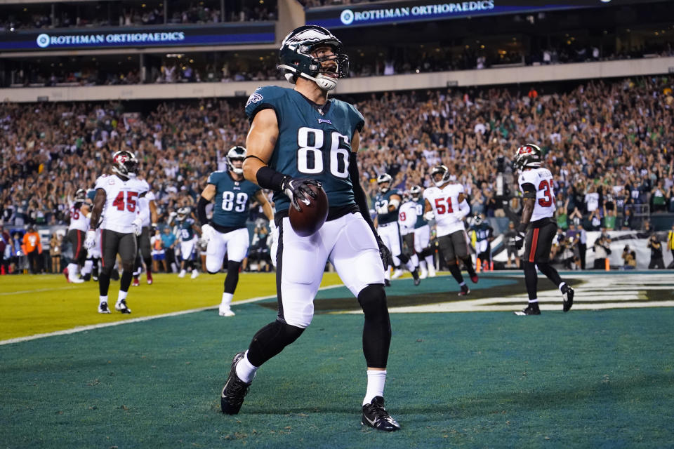 Philadelphia Eagles tight end Zach Ertz (86) celebrates a touchdown during the first half of an NFL football game against the Tampa Bay Buccaneers on Thursday, Oct. 14, 2021, in Philadelphia. (AP Photo/Matt Rourke)