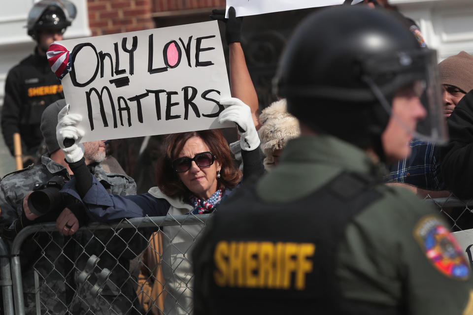 <p>Counter-demonstrators taunt a small group of white nationalist protestors before the start of a rally on Oct. 28, 2017 in Murfreesboro, Tenn. (Photo: Scott Olson/Getty Images) </p>