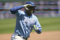 Kansas City Royals Salvador Perez gestures while rounding the bases during the third inning of a baseball game against the Los Angeles Angels at Kauffman Stadium in Kansas City, Mo., Wednesday, April 14, 2021. Perez hit a solo home run off Los Angeles Angels starting pitcher Griffin Canning. (AP Photo/Orlin Wagner)