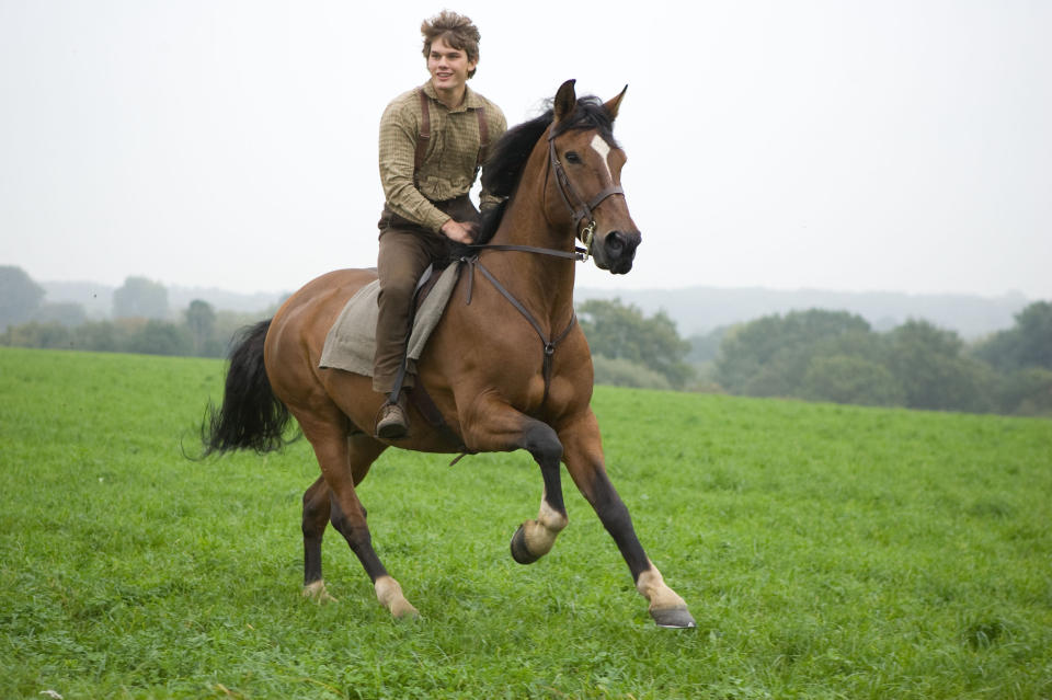 A man riding a horse in a pasture