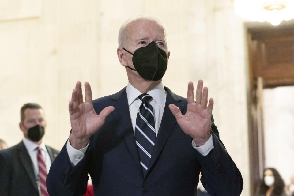 President Joe Biden speaks to the media after meeting privately with Senate Democrats, Thursday, Jan. 13, 2022, on Capitol Hill in Washington. (AP Photo/Jose Luis Magana)