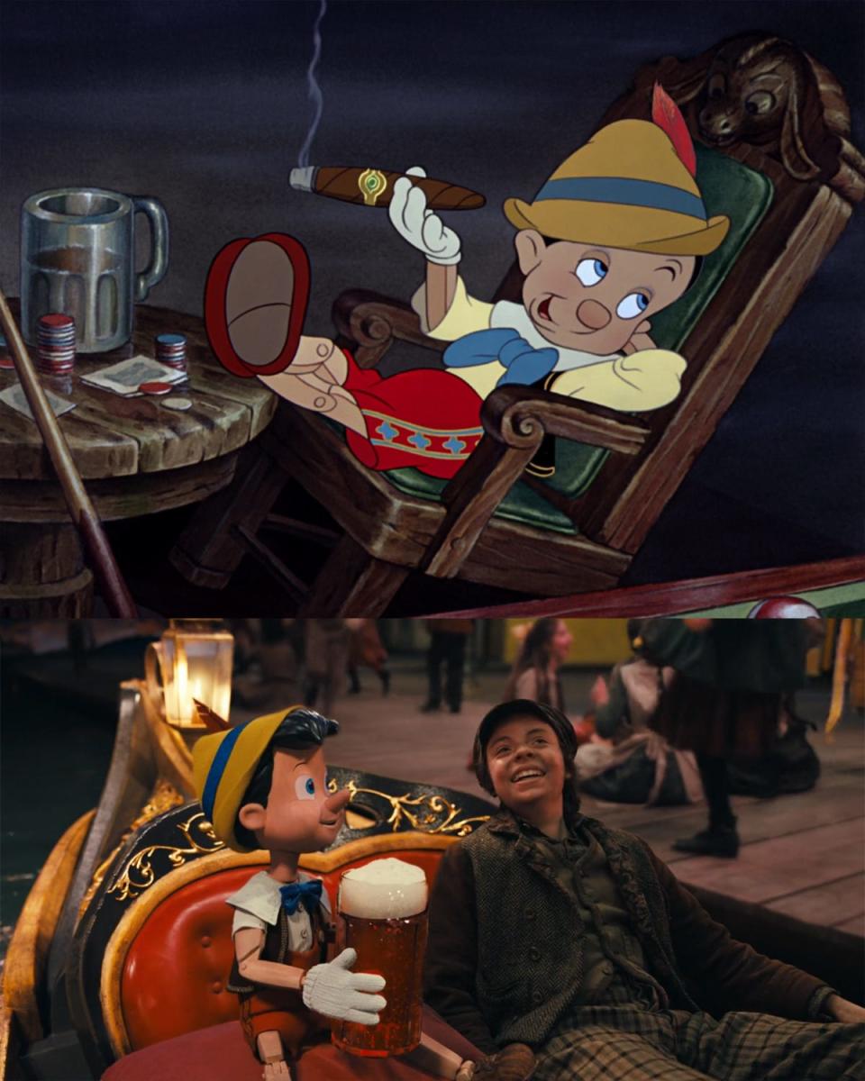 Pinocchio drinking and smoking in the original