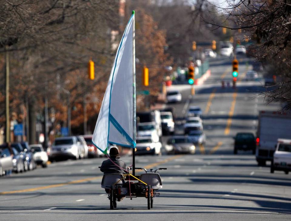 It looked like relatively clear sailing ahead for Carrboro, NC resident Paul Van Ness Thursday, Jan. 5, 2012 as he pedaled and sailed with the help of westerly tail winds on his daily commute down W. Franklin St. to work in Chapel Hill.