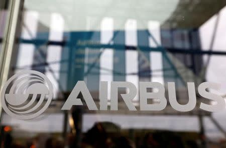 The logo of Airbus is pictured during the Airbus A350-1000 maiden flight event in Colomiers near Toulouse, Southwestern France, November 24, 2016. REUTERS/Regis Duvignau