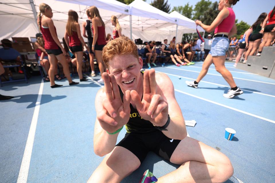 Roy’s Colby Anderson, celebrates his win in the 400m as High School athletes gather at BYU in Provo to compete for the state track and field championships on Saturday, May 20, 2023. | Scott G Winterton, Deseret News